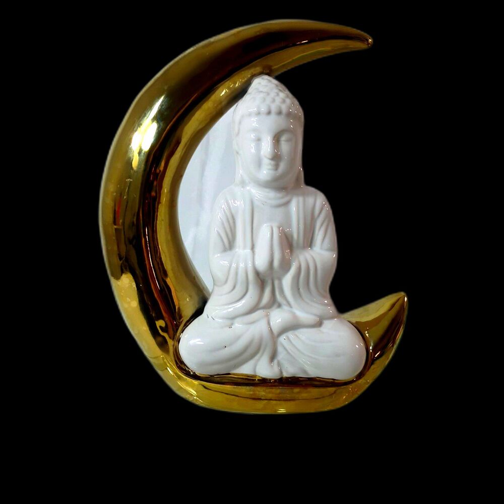 Buddha Sitting in Crescent Moon Statue – Gold Tone & White Ceramic Meditation
